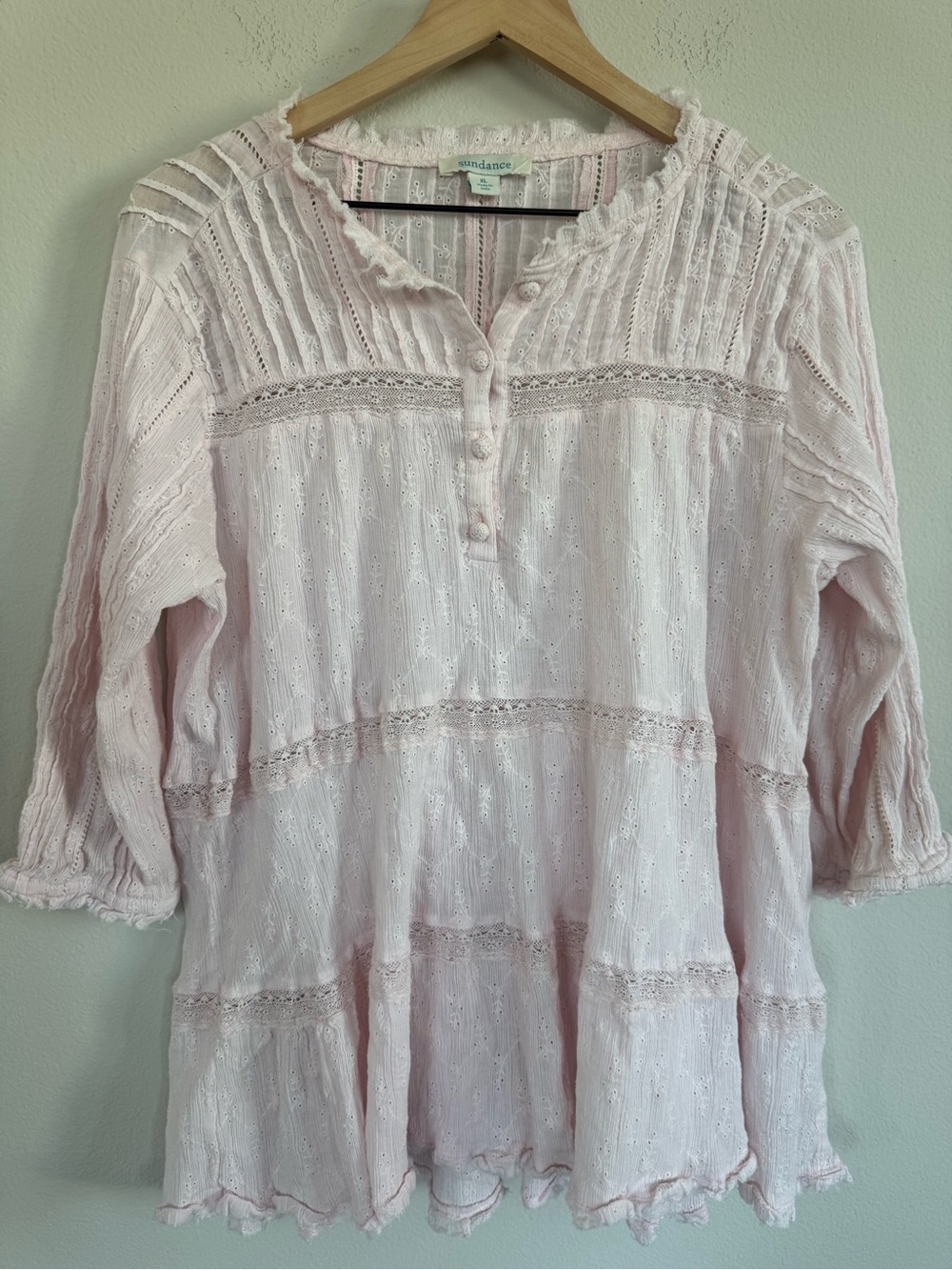 Sundance Pink Embroidered Lace Boho Tunic Top 100% Cotton Eyelet Cottagecore XL